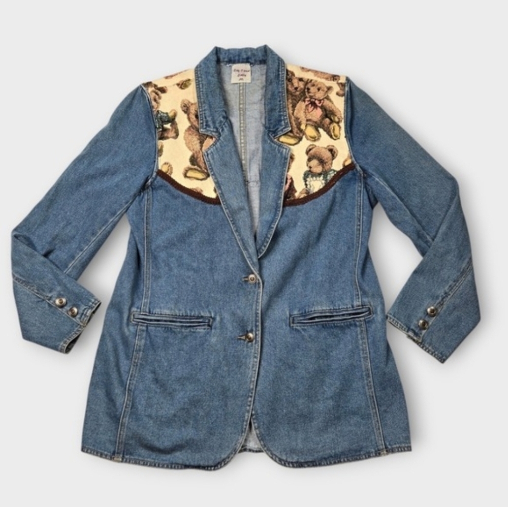 Teddy Bear Vintage Denim Blazer Size Medium Large Jacket Pockets